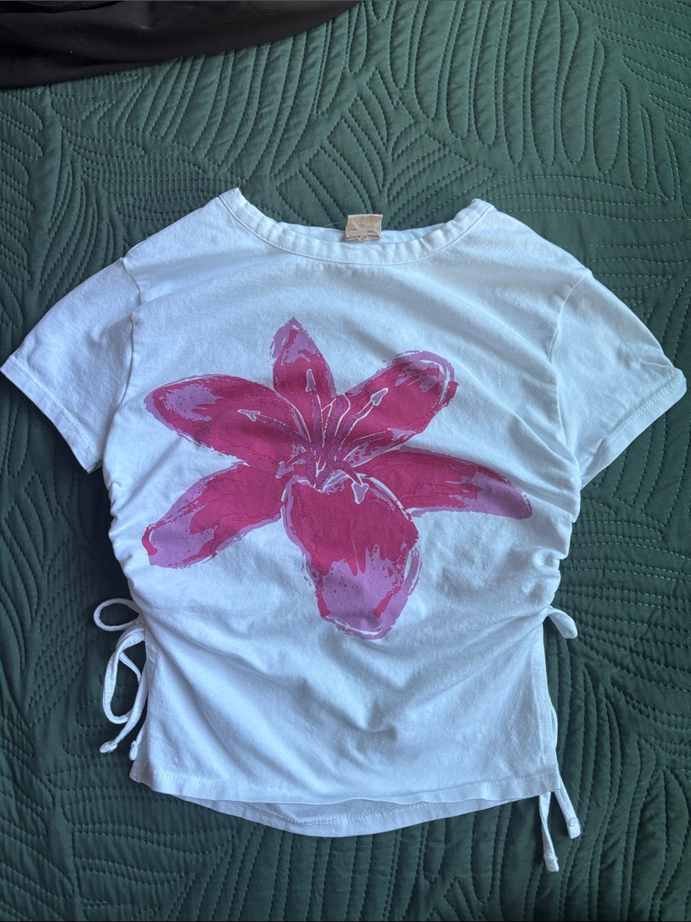 White Short-Sleeve Tee with Pink Floral Graphic